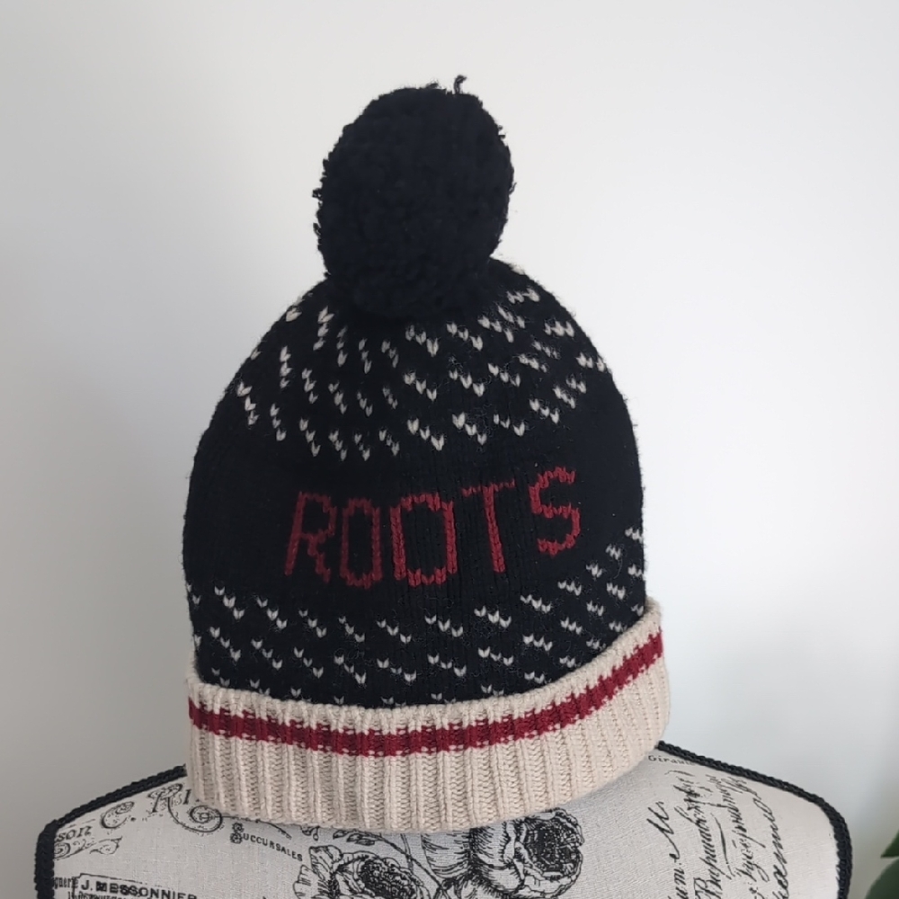 Roots Black and Cream Knit Beanie with Red Accents